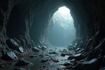 Inside the dark, natural cave, a stunning underground landscape unfolds with a grotto, rock formations, and a distant waterfall illuminated by a subtle light