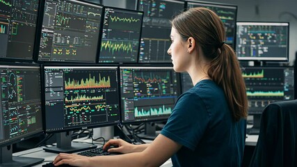 Woman working on multiple computer monitors in control room. Data analyst monitoring stock market trading. Financial graph and dashboard visualization footage. - Powered by Adobe