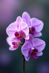 Delicate lilac orchid branch, soft purple hues, close-up detail , purple petals, subtle beauty
