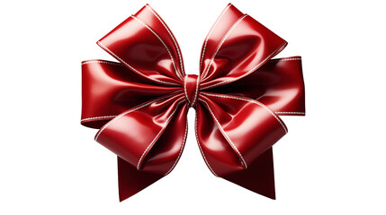 3D red satin bow with white stitching, festive holiday decoration, elegant design element, shiny gift detail, isolated on transparent background.