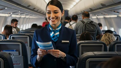 Smiling asian woman flight attendant welcoming passengers on airplane. Professional air hostess greeting travelers in aircraft aisle. Travel tourism concept footage. - Powered by Adobe