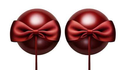 Red orbs with satin bows, festive Christmas decor, luxury New Year gift, elegant shiny background design, isolated on transparent background.