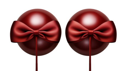 Red orbs with satin bows, festive Christmas decor, luxury New Year gift, elegant shiny background design, isolated on transparent background.