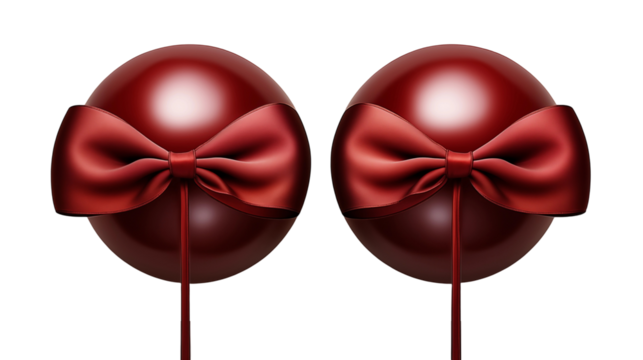 Red orbs with satin bows, festive Christmas decor, luxury New Year gift, elegant shiny background design, isolated on transparent background.