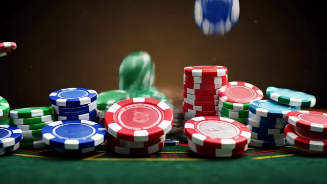 Casino poker chips landing on table. Betting chips falling down. Online gambling and casino games concept footage.