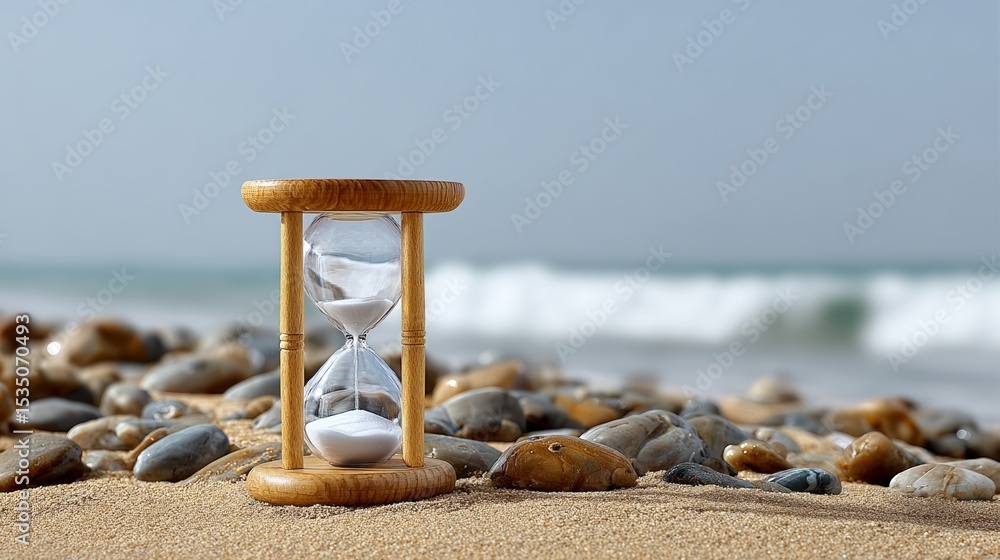 Poster sand timer is on a beach with a rocky shoreline. the sand timer is empty and the beach is calm