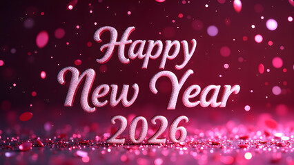 Festive Happy New Year 2026 Celebration with Sparkling Pink Glitter Background