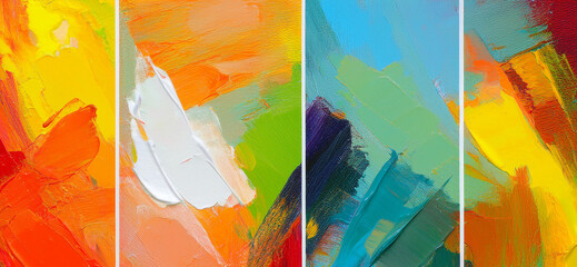 Abstract art design collage displays abstract art painting of rough colorful multicolored art painting texture, with oil brushstroke, pallet knife paint on canvas.