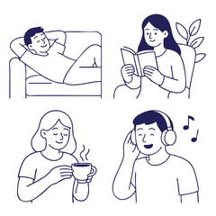 Relaxation activities include reading, enjoying warm drink, and listening to music