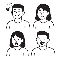 Happy faces express various emotions in simple, cartoon style