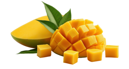 Fresh Mango with Cubes and Slices on transparent background.