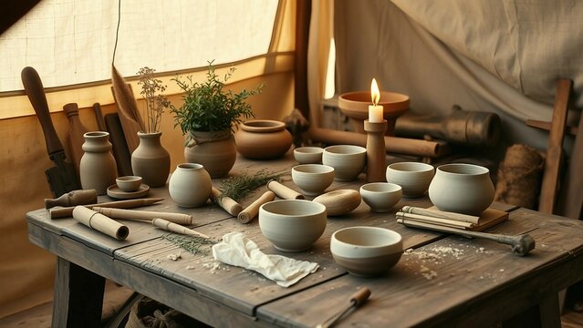 A beautifully arranged rustic setting featuring handcrafted pottery, wooden utensils, and fresh herbs, showcasing an artisan lifestyle and creative craftsmanship on a warm wooden table.

