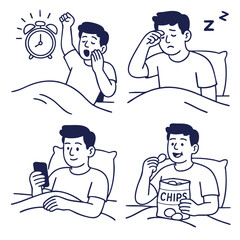 Morning routine with alarm, yawning, and late night snacking creates relatable scene