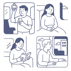 Public transport scenes with people engaged in various activities, showcasing daily life