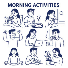 Morning activities include reading, cooking, and enjoying coffee, showcasing productive start