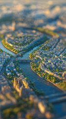 Fototapeta premium Aerial View of a City with a Winding River and Green Spaces