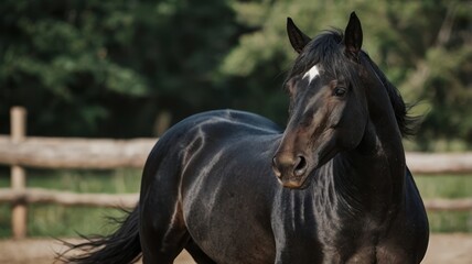 Fototapeta premium Dark horse in a rural setting