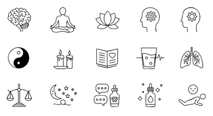Fototapeta premium Outline Mental Health and Self-Care Icon Set, Thin Line Style