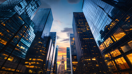 Skyscrapers at Dusk: Urban Skyline with Illuminated Windows