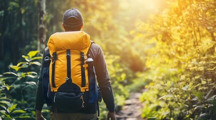 Asian male hiker with yellow backpack walking through lush green forest in sunlight