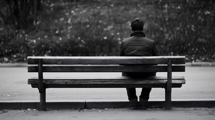 Back view of a lonely asian man sitting quietly on a park bench in a peaceful urban setting