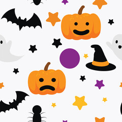 halloween seamless pattern with pumpkins, spider webs, stars, and witch hats on white background