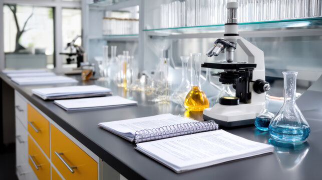 Modern microscope and flasks in research chemical scientific center, laboratory background. Study of various diseases in scientific laboratory