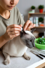 Veterinarian gently administering treatment to a cat's ear, showcasing a caring approach in a well-equipped veterinary clinic, with medical tools and a green bowl visible in the background