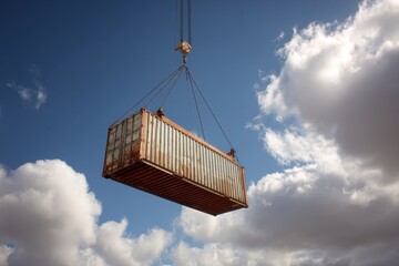 Shipping Container Suspended Against Blue Sky and Clouds