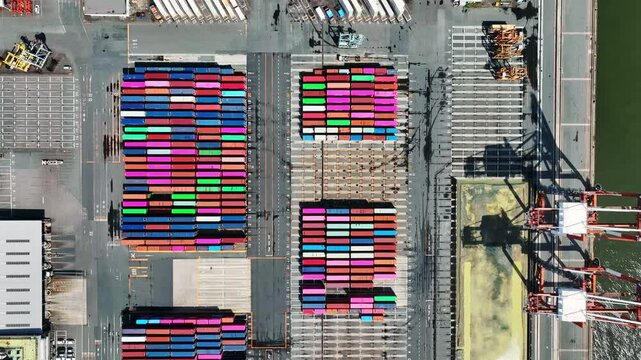 Directly above aerial view of container yard.