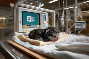 Newborn kitten peacefully sleeping on a soft blanket in a veterinary clinic, surrounded by advanced medical equipment, showcasing a caring environment for animal health and recovery