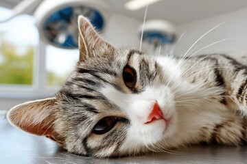 Domestic cat with gray and white fur is lying comfortably on an examination table in a veterinary clinic, surrounded by a bright and clean environment, showcasing a calm atmosphere for pets