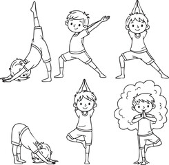 A continuous line art drawing of a set of six young boys in various yoga poses, demonstrating flexibility and balance..