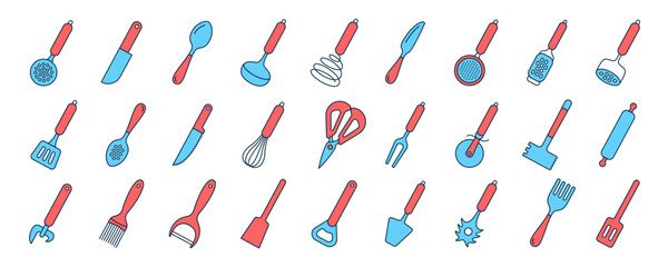 Kitchenware icon set. Color vector kitchen utensils, tools and cutlery. Whisk, slotted spoon, scissors, ladle and spatula. Sieve, knife, spoon, fork, peeler and opener