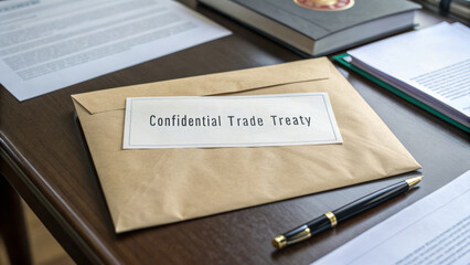 Diplomatic trade discussion concept. Confidential envelope on a desk with related documents nearby.