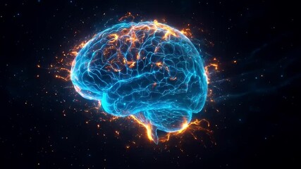 Glowing neural network brain with dynamic electric pulses in outer space - Powered by Adobe