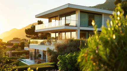 Modern suburban home exterior with clean architectural lines, soft golden hour lighting