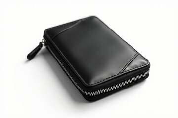 A detailed shot of an elegant, black leather wallet with a silver zipper and a minimalist design