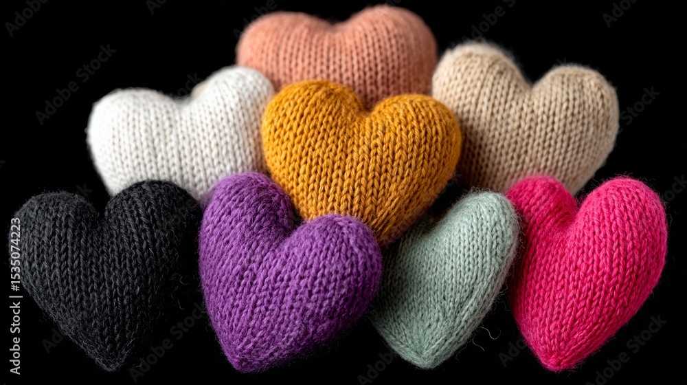Poster row of knitted hearts in various colors and sizes. the hearts are arranged in a row, with some being