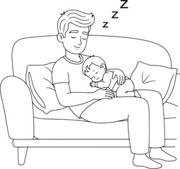 A continuous line art drawing of a father and baby peacefully sleeping on a couch, with Zzz symbols indicating sleep.