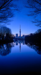 Fototapeta premium Twilight Reflection of a Tower and Cityscape in a Calm Lake