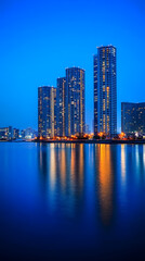 Naklejka premium Tall buildings reflected in calm water under a twilight sky