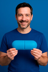 middle aged man smiling with stubble holding blue pill