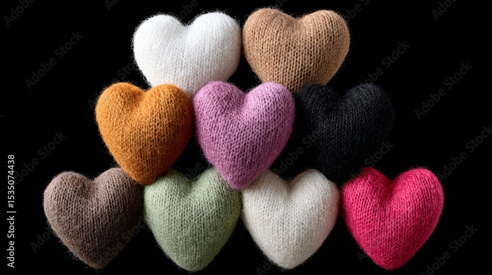 Poster row of knitted hearts in various colors and sizes. the hearts are arranged in a pyramid shape, with 