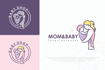 Fototapeta premium Mother and baby logo. Mom holding her child in her arms , vector illustration