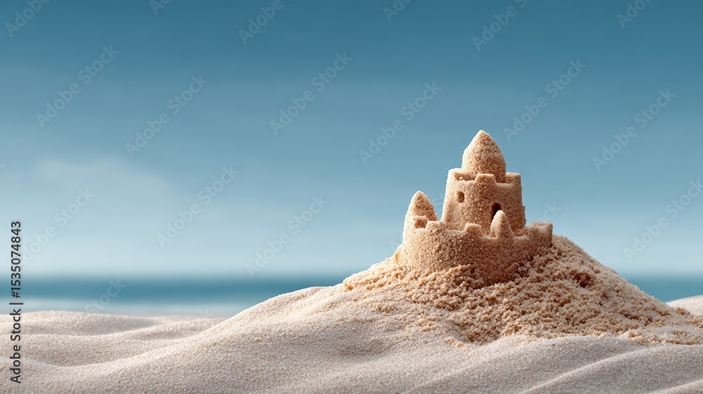 Poster sand castle is built on a beach. the castle is small and has a triangular shape. the beach is sandy 