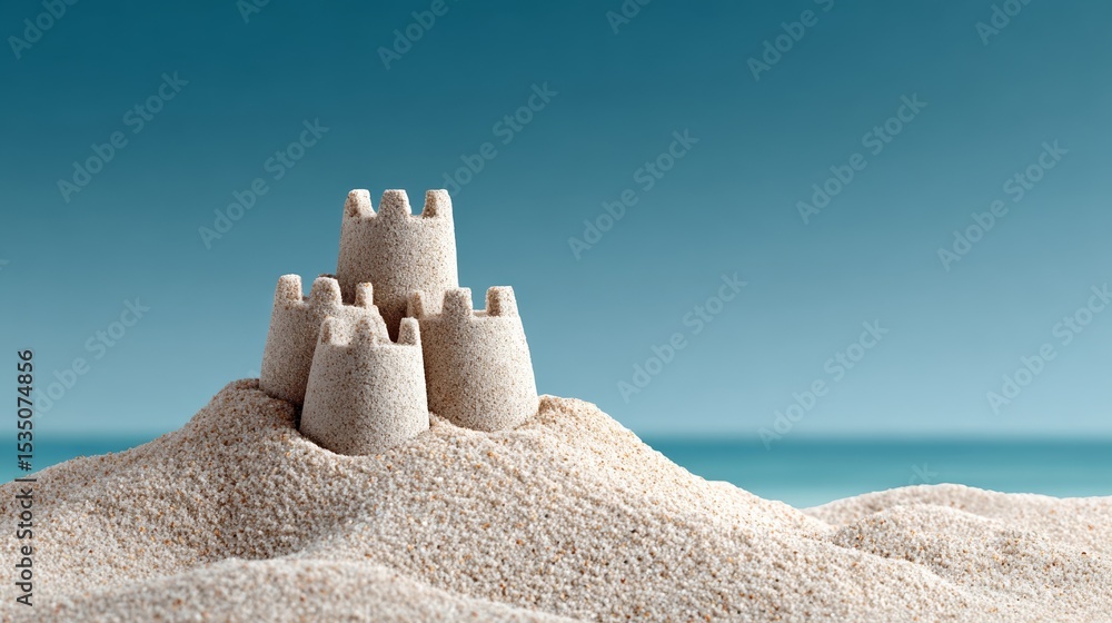 Poster sand castle is built on a beach. the castle is small and has a triangular shape. the beach is calm a