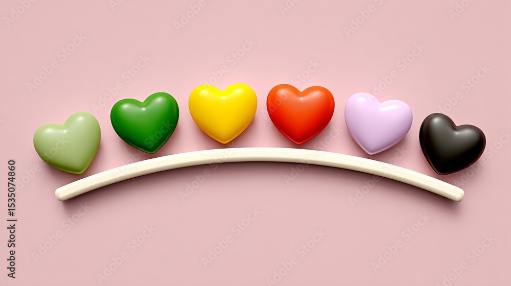 Aufkleber row of colorful hearts are arranged on a pink background. the hearts are of different colors and siz