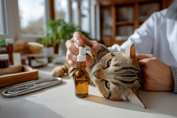 Cat is comfortably resting on a table while veterinarian administers medication using a dropper, surrounded by medical supplies and a warm, inviting environment that promotes healing