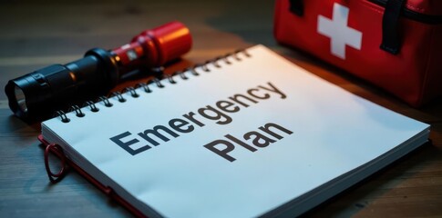 Emergency plan notebook, flashlight, first-aid kit on desk, equipment, workbook, readiness